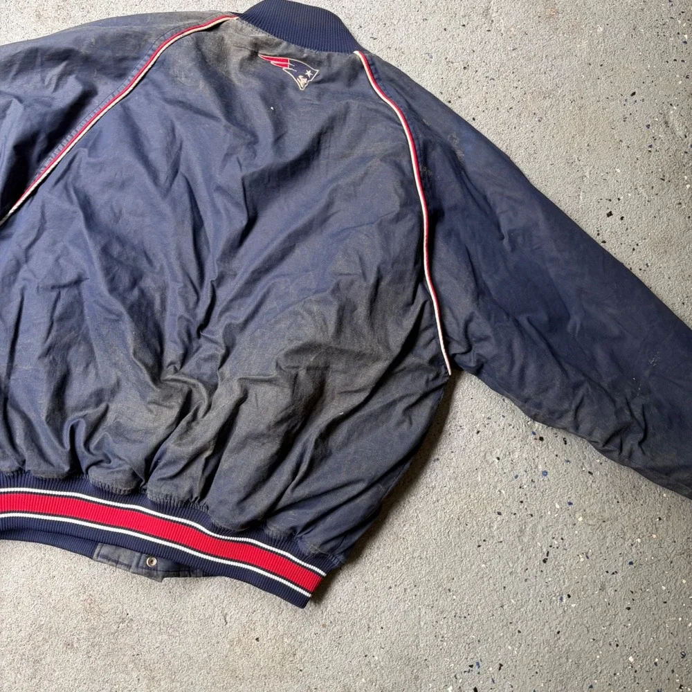 Vintage Majestic New England Patriots Bomber Jacket Navy Blue Distressed Mens L
